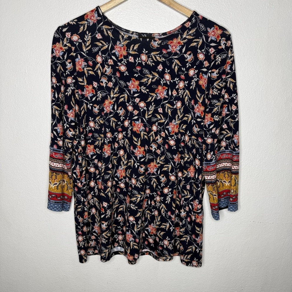 J Jill Weather Collection Floral Stretch 3/4 Sleeve Top Shirt Womens Medium
